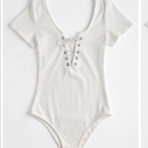 White Ribbed Lace Up Body Suit